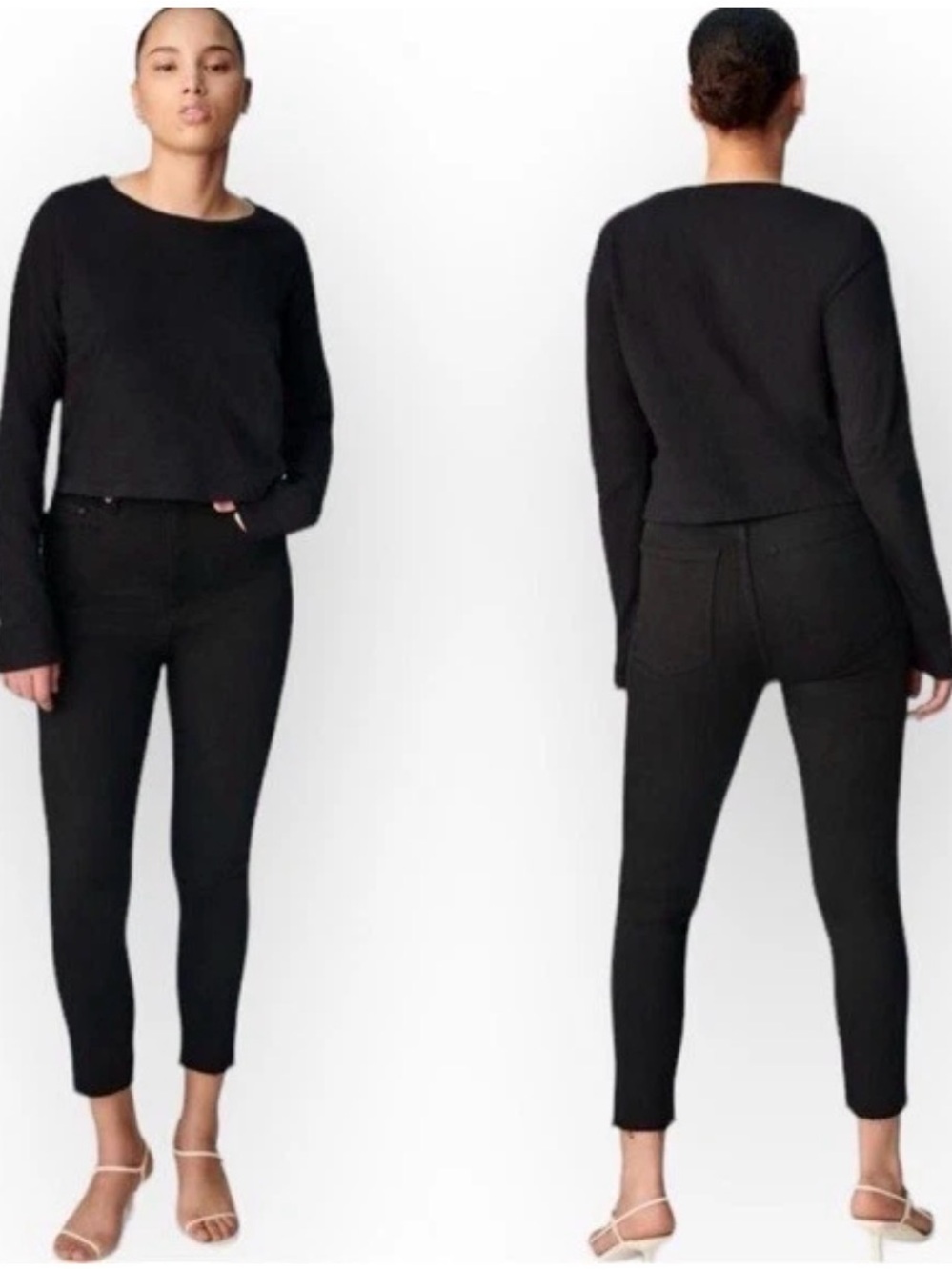 Denim Forum Size 29 The Lola High Rise Skinny Crop Black Jeans Distressed Hem